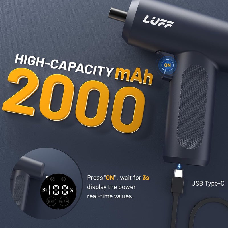 LUFF Electric Screwdriver Set, 4V Cordless Rechargeable Screwdriver with Digital Display 8 Settings, 5 N.m Torque, 2000 mAh Battery USB-C, Storage Bag, LED Light, 15 Bits for Furniture/Electrical Repairs - Image 4